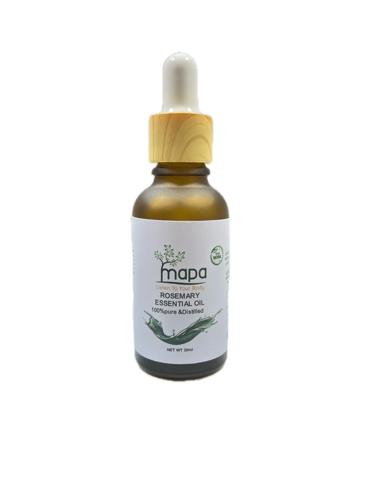 Bottle of Mapa Rosemary Essential Oil on a white background