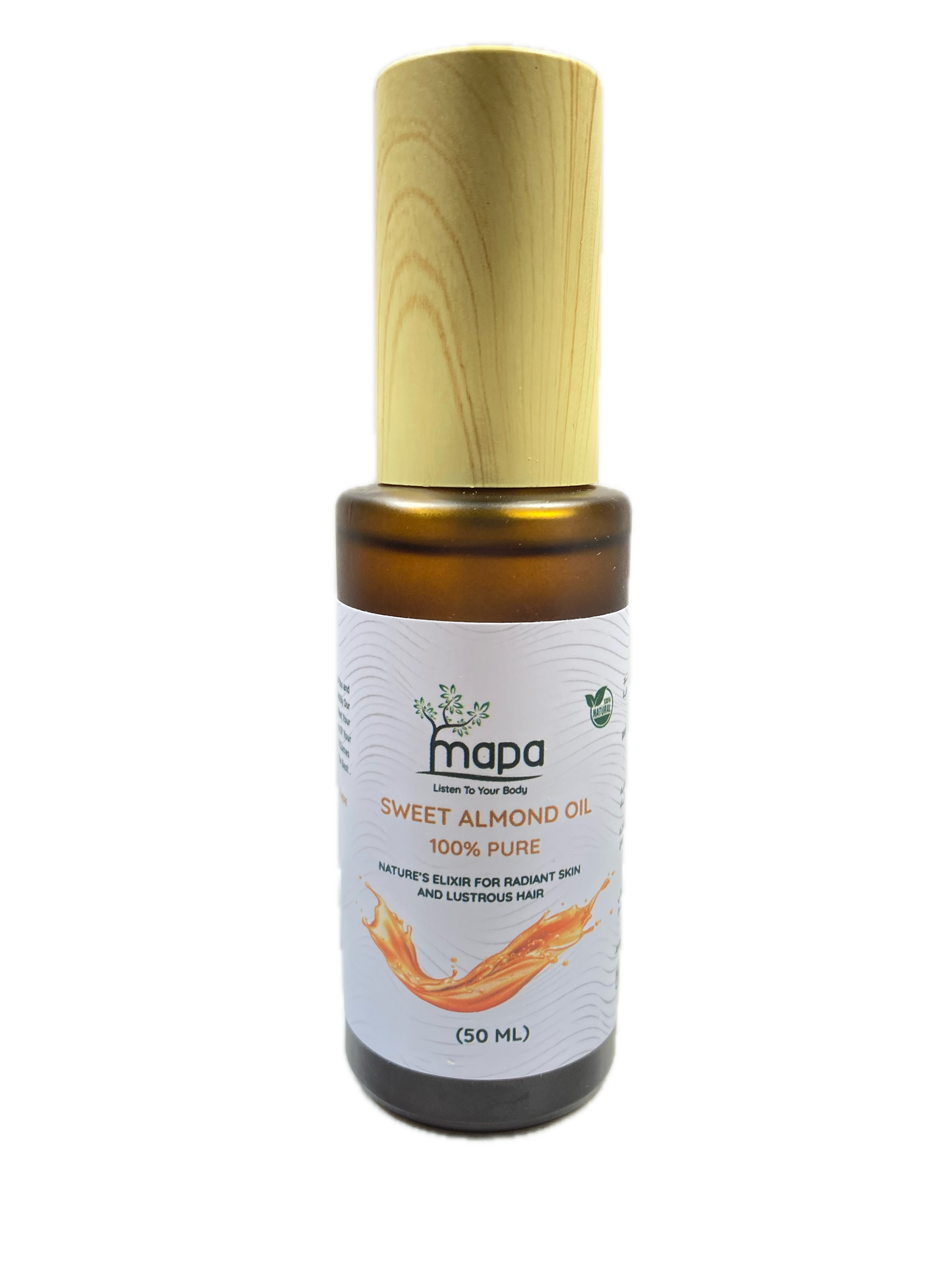 Bottle of MAPA Sweet Almond Oil on a white background