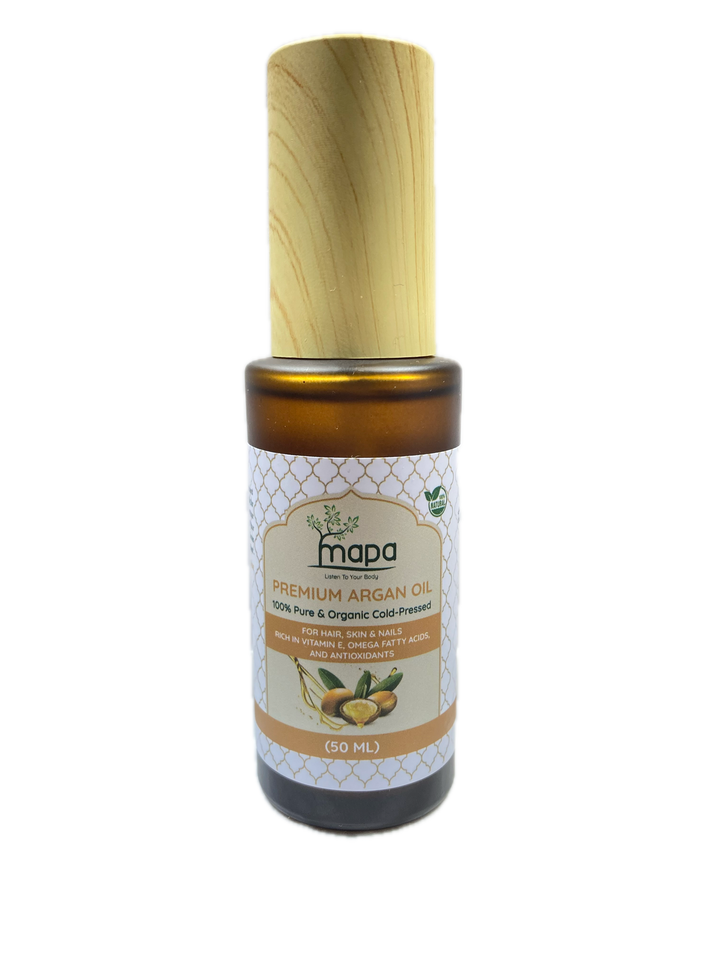 Bottle of MAPA Argan Oil with wooden applicator on a white background