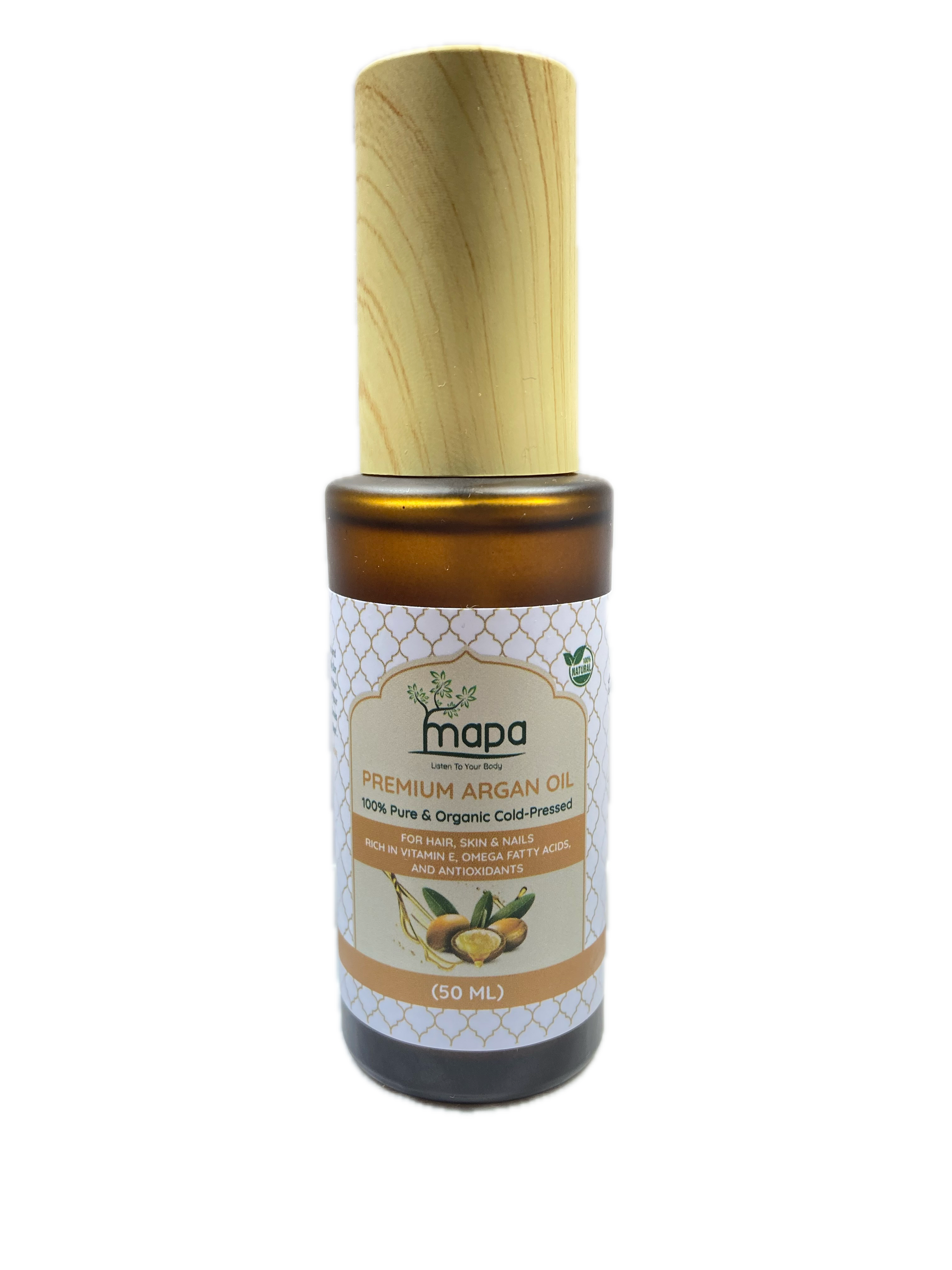 Bottle of MAPA Argan Oil with wooden applicator on a white background