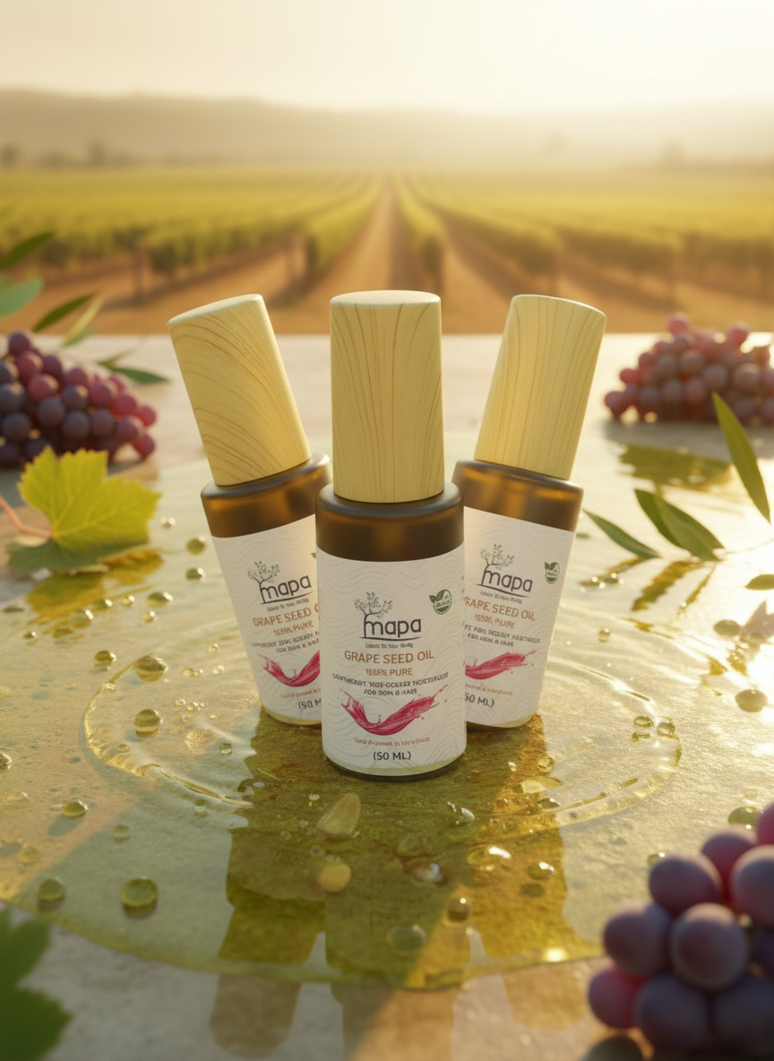 Three bottles of MAPA grape seed oil in a pink woven basket on a white background