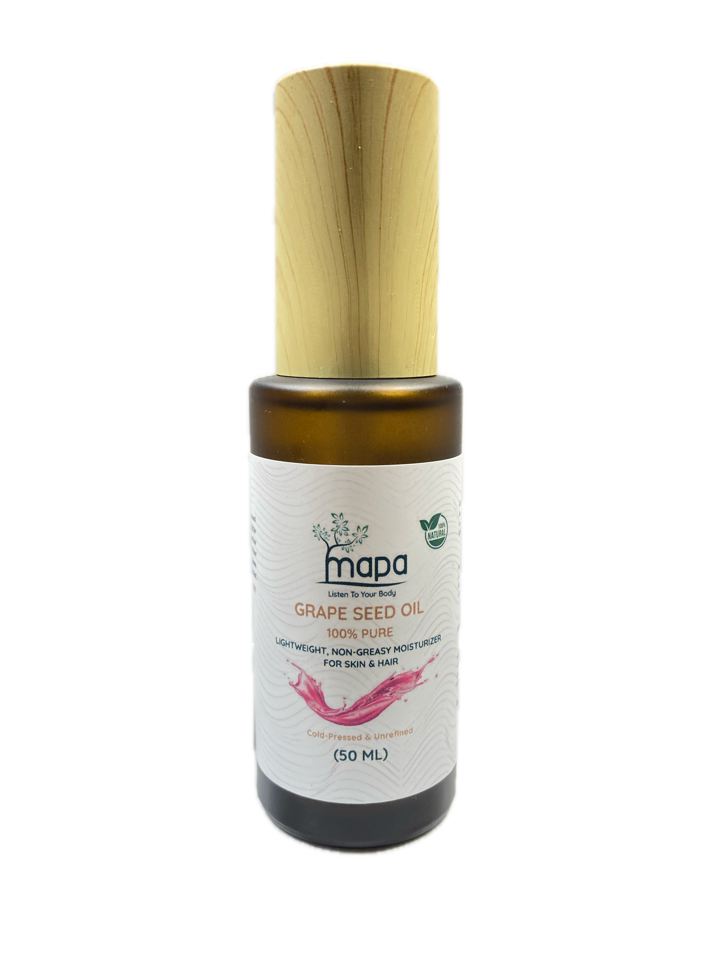 Bottle of Mada Grapeseed Oil with a wooden applicator on a white background