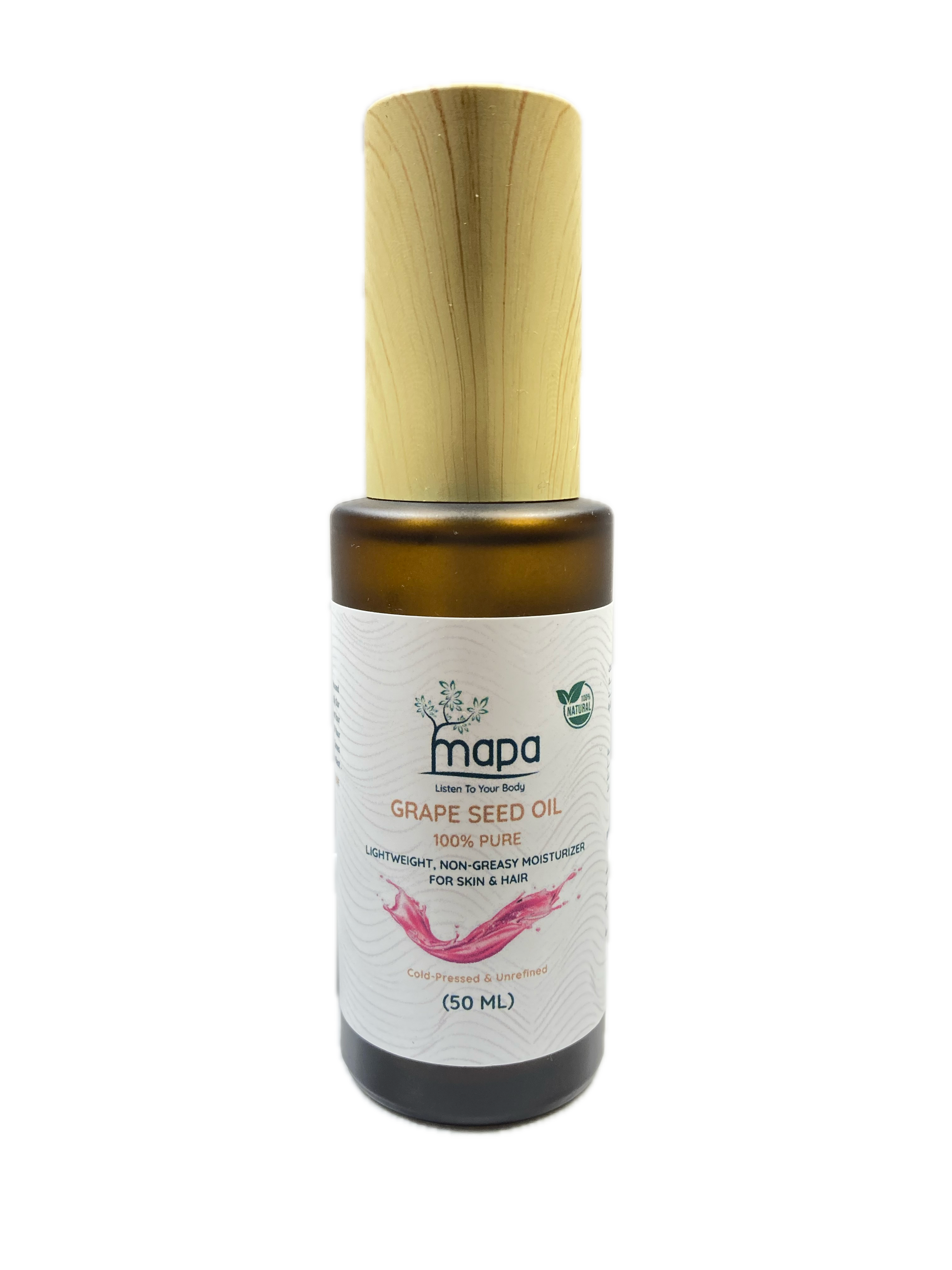 Bottle of Mada Grapeseed Oil with a wooden applicator on a white background