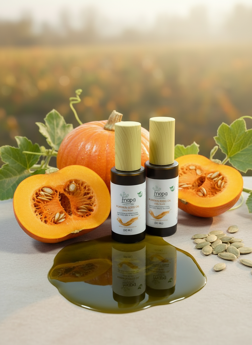Three bottles of pumpkin seed oil with wooden applicators on an orange woven mat.