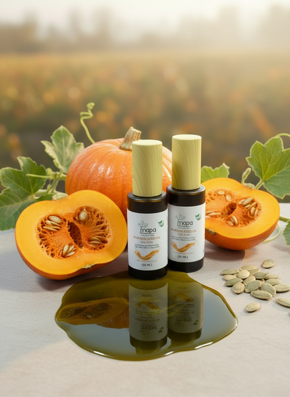 Three bottles of pumpkin seed oil with wooden applicators on an orange woven mat.