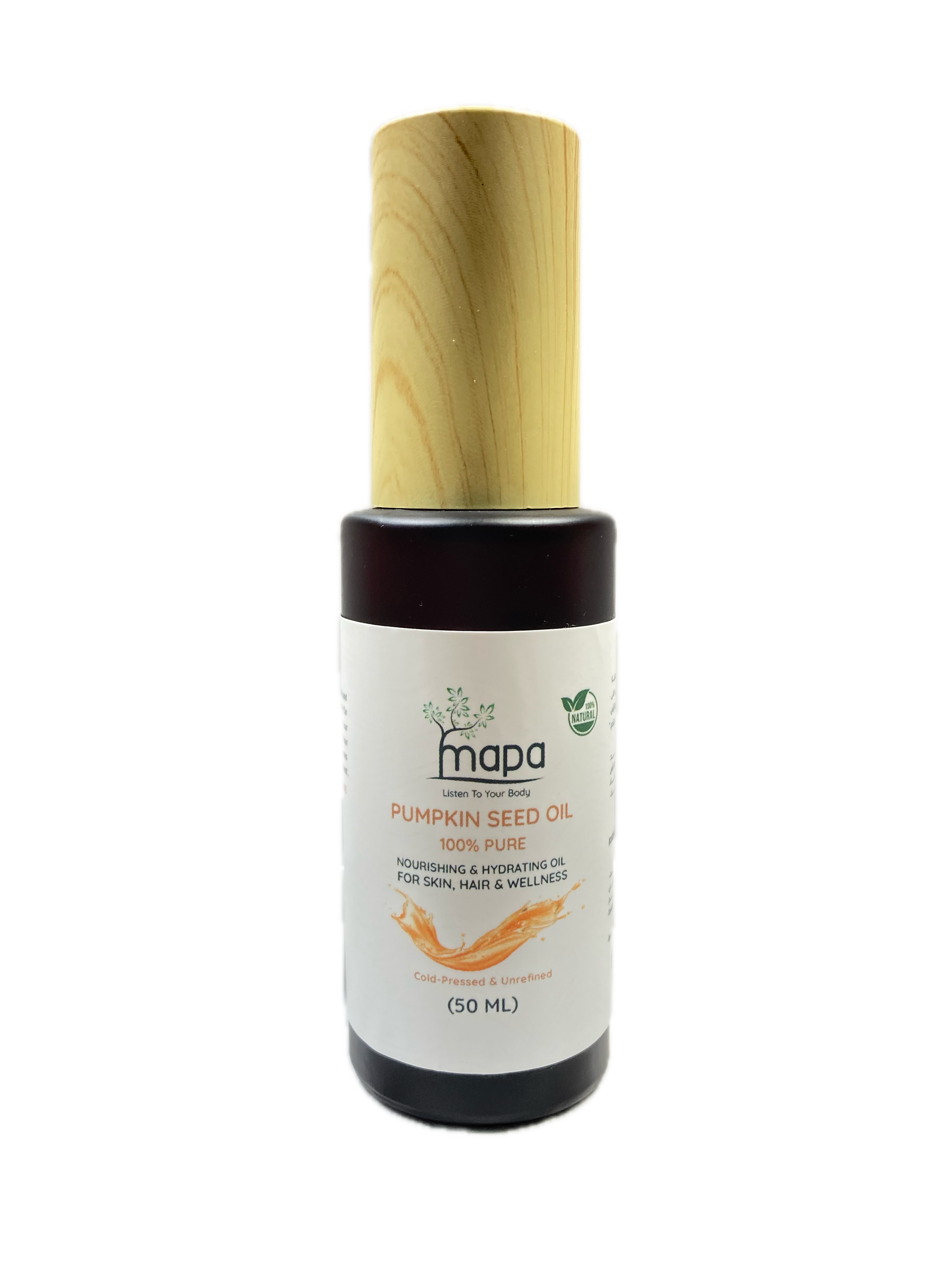 Bottle of pumpkin seed oil with a wooden applicator on a white background