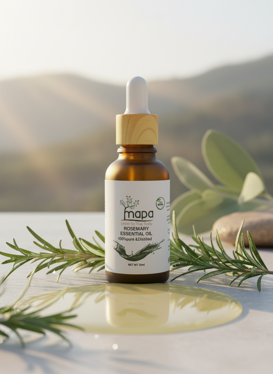 Bottle of Mape Rosemary Essential Oil with a dropper on a reflective surface with greenery and a blurred natural background.