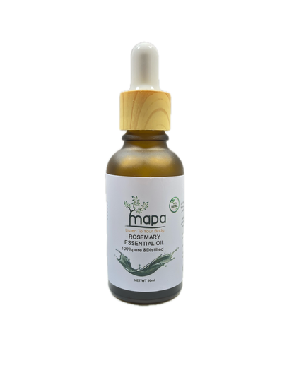 Bottle of Mapa Rosemary Essential Oil on a white background