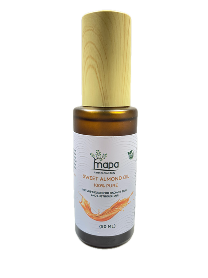 Bottle of MAPA Sweet Almond Oil on a white background