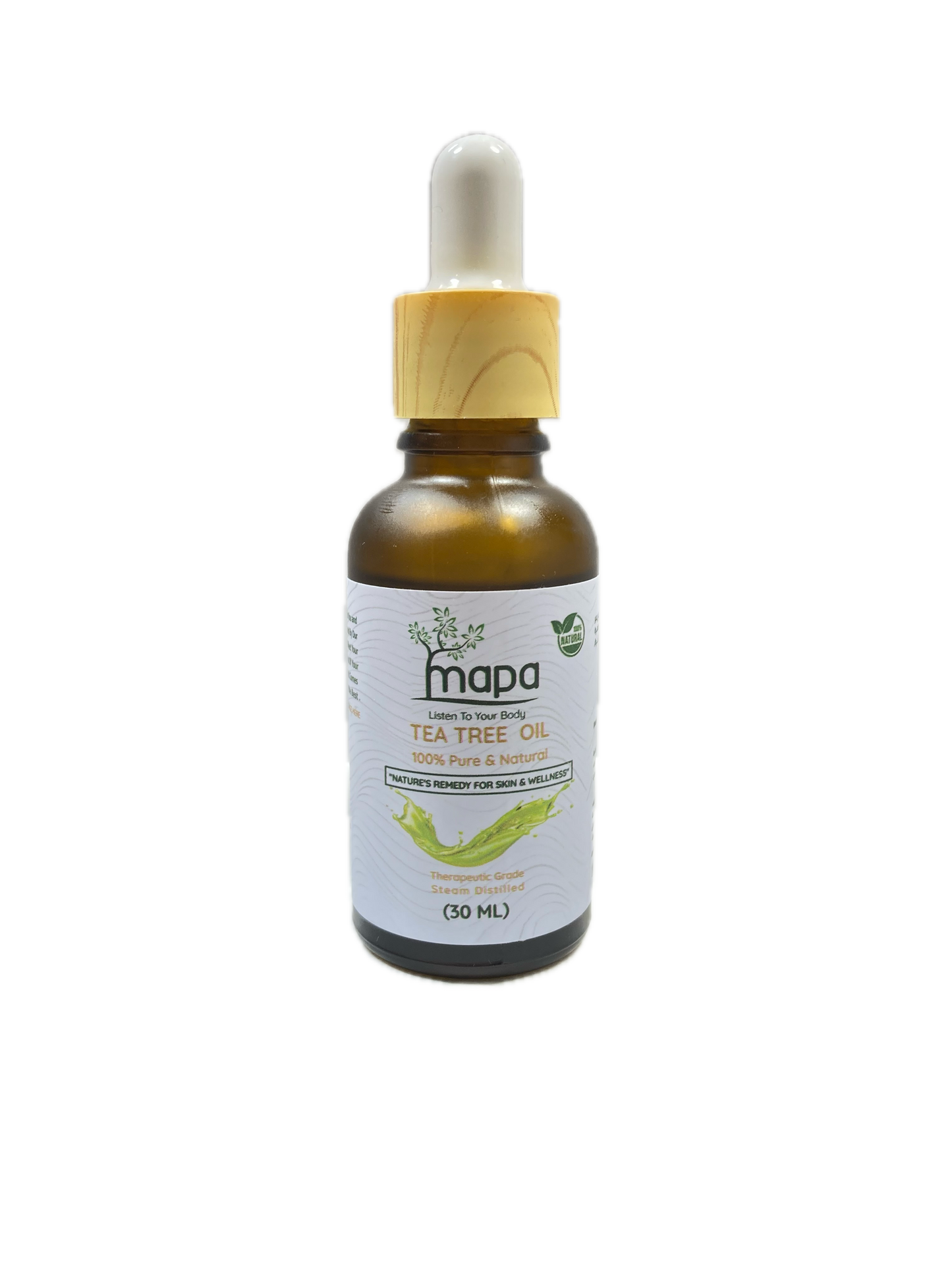 Bottle of mapa tea tree oil on a white background