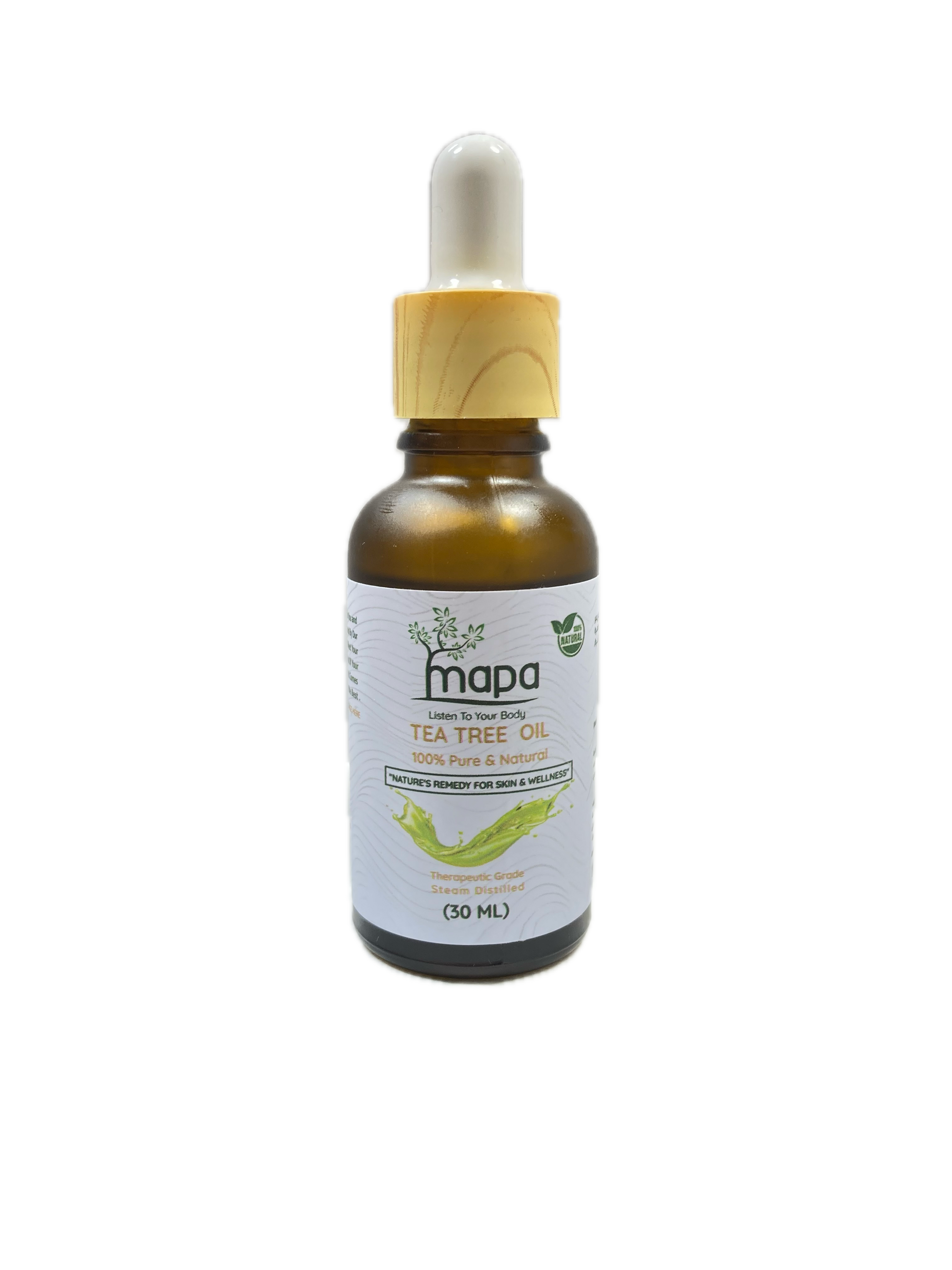 Bottle of mapa tea tree oil on a white background