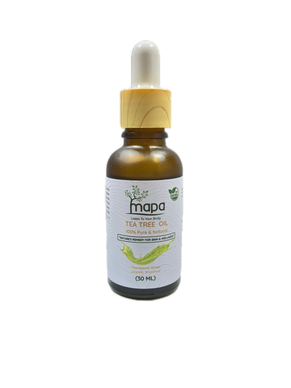 Bottle of mapa tea tree oil on a white background